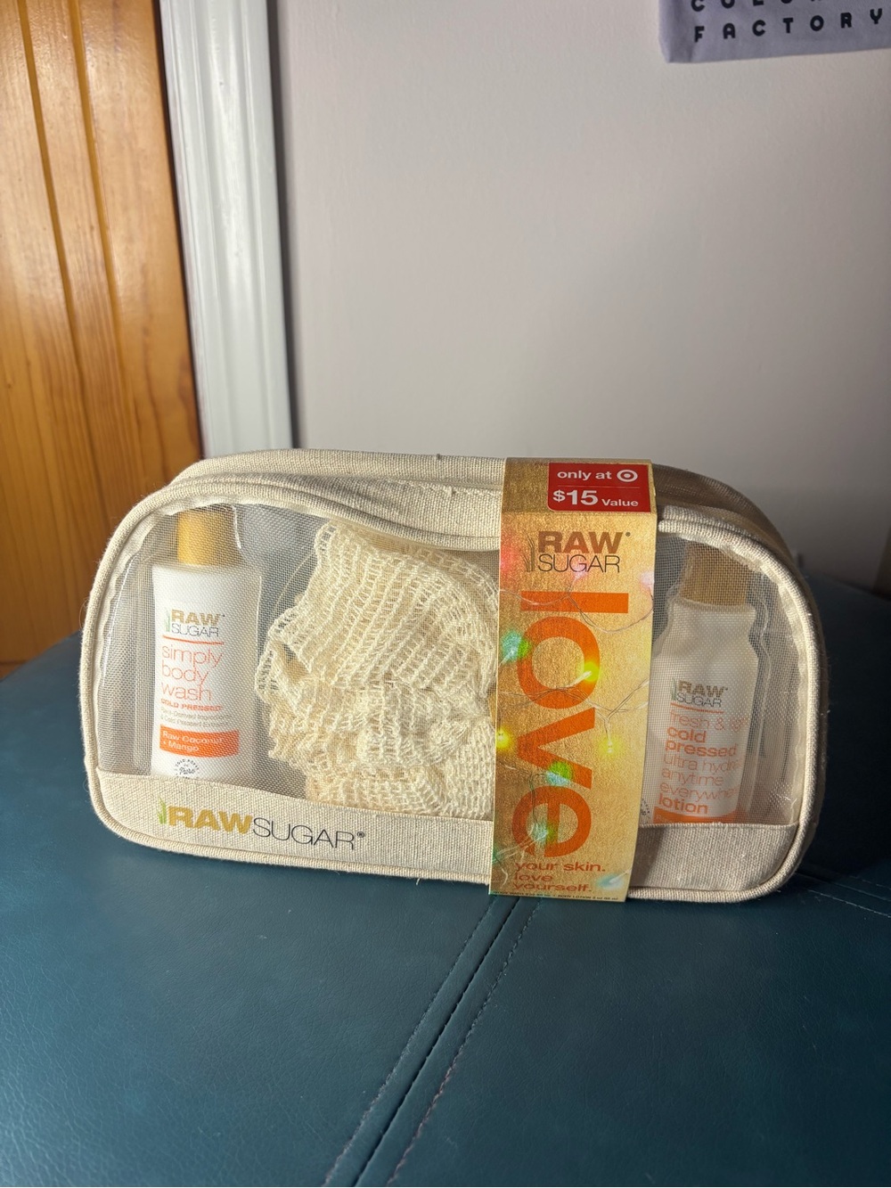 Raw Sugar Travel Body Wash Set in Cream with Orange Accents